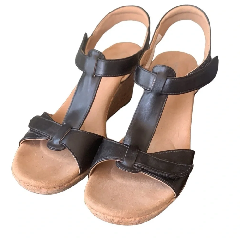 Rockport Blanca T Strap Black Leather Wedge Sandal Size 10.5